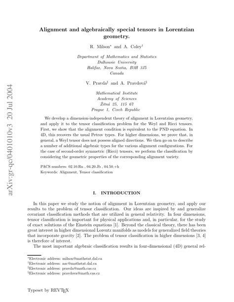 (PDF) ALIGNMENT AND ALGEBRAICALLY SPECIAL TENSORS IN LORENTZIAN GEOMETRY