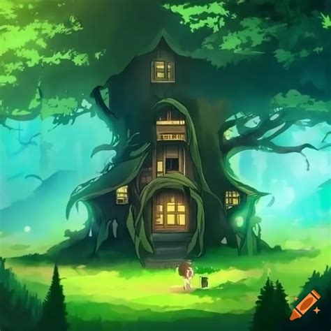 Anime style forest with a mythical tree house on Craiyon