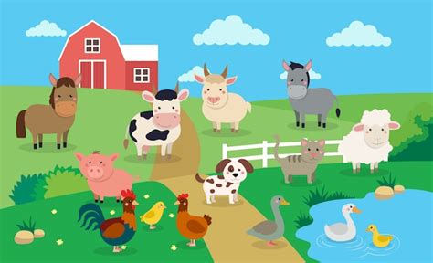 Premium Vector | Farm animals with landscape