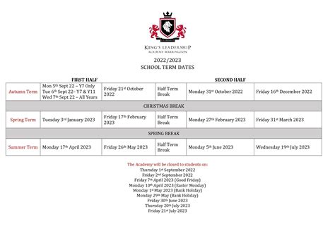 Term Dates - King's Leadership Academy Warrington