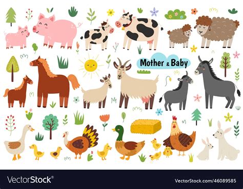 Cute mother and baby farm animals set day Vector Image