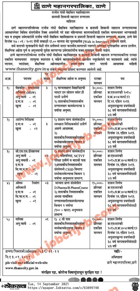 Thane Mahanagar Palika Bharti Recruitment 2021 Thanecity.gov