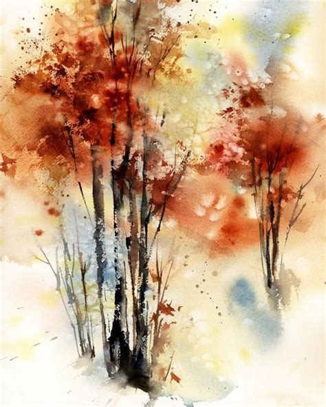 Autumnal Trees Art Print, Autumn Scene Loose Style Watercolor Painting of Trees, Nature Trees ...