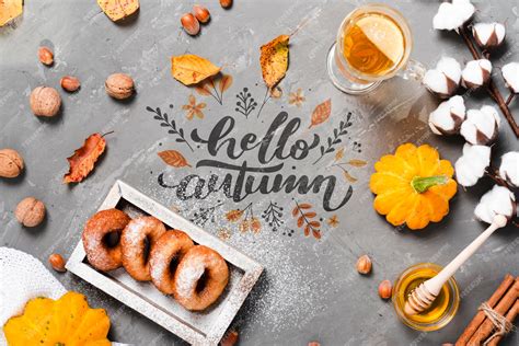 Premium PSD | Top view autumn breakfast concept on stucco background