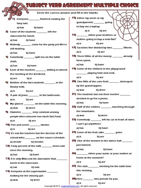 Subject Verb Agreement Multiple Choice Exercises Worksheet | Foods ...