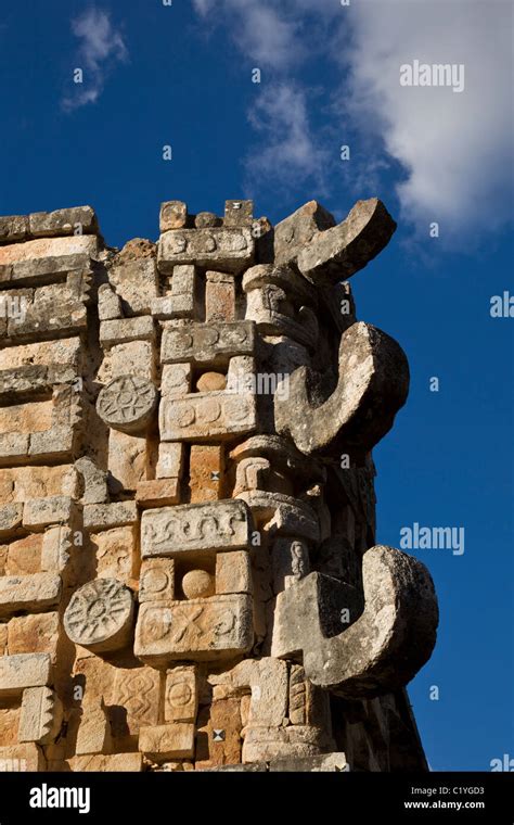 Chaac masks on the corner of The Palace in Maya ruins of Xlapak, Puuc ...