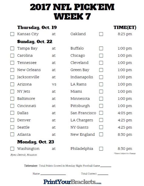 Nfl Schedule Week 7 Printable