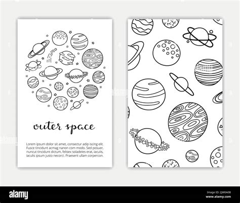 Card templates with doodle outline fantastic space planets. Used ...