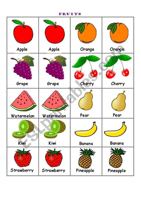 Fruits Memory Game Cards - ESL worksheet by McrUS