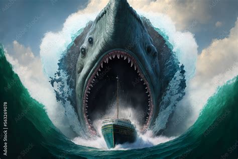 Giant deep sea megalodon shark monster eating an ocean cruiser ship ...