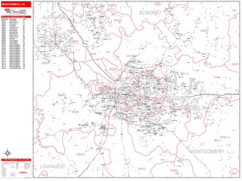 Montgomery Alabama Zip Code Wall Map (Red Line Style) by MarketMAPS ...