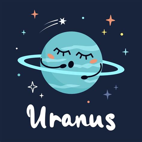 Cute cartoon planet character Uranus with funny face. Poster solar system for children. Vector ...