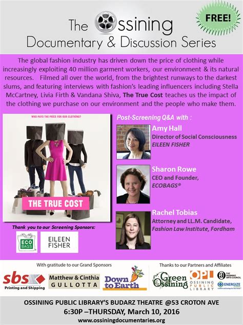 This Thursday! March 10th. Ossining Documentary & Discussion Series Screening: The True Cost ...