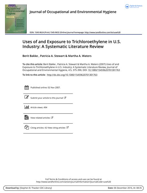 (PDF) Uses of and Exposure to Trichloroethylene in U.S. Industry: A ...