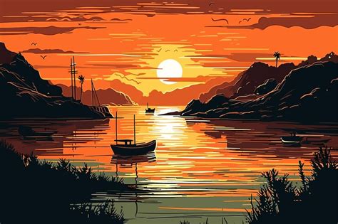 Premium Vector | Beautiful sunset with mountains watercolor art ...