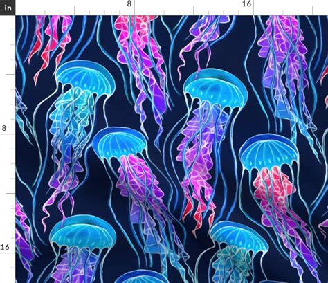 Luminescent Rainbow Jellyfish on Navy Fabric | Spoonflower