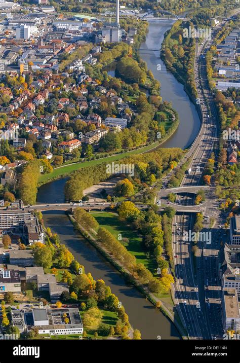 Aerial view, roundabout on Bismarck Bridge, Saar River, Saar Island ...