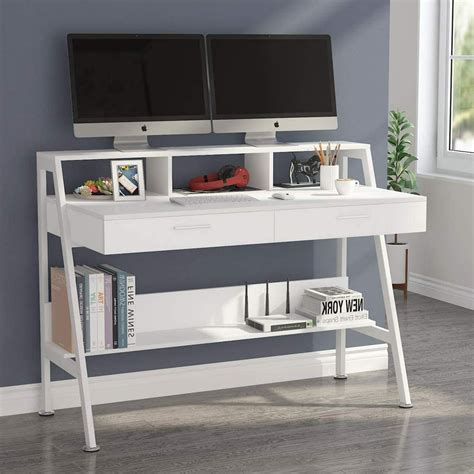 Tribesigns Computer Desk with Storage Shelf & Drawers, Modern 47 inch Office Writing Desk Study ...