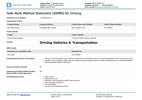 Driving and Transport Safe Work Method Statement (Editable SWMS)