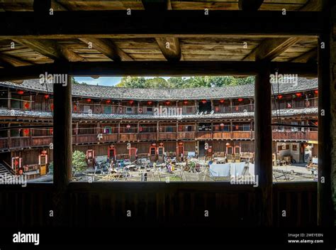 Vernacular Tulou buildings made of rammed earth and timber in Hekeng Village of Shuyang Town ...