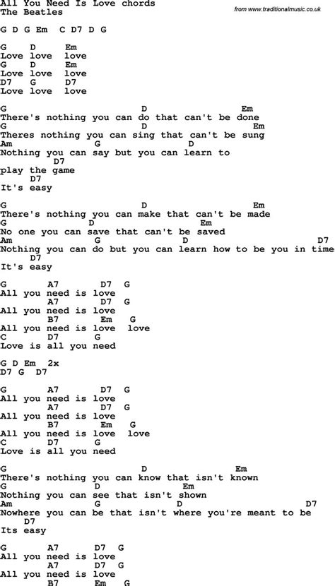 Song Lyrics with guitar chords for All You Need Is Love | Guitar chords and lyrics, Guitar ...