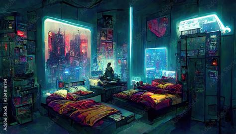 Cozy cyberpunk futuristic bedroom concept art illustration ilustración de Stock | Adobe Stock