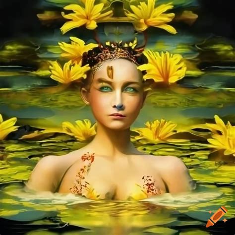 Artistic representation of a goddess with yellow lilies