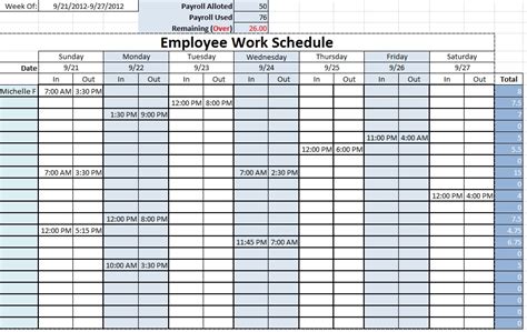 Employee Work Schedule ~ Template Sample