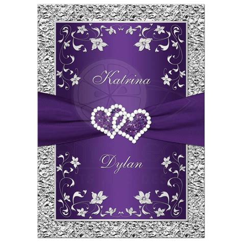 Best purple and silver grey floral wedding invite with joined hearts and ribbon | Purple and ...