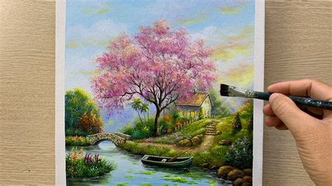 Daily Art #050 / Acrylic / Beautiful nature village landscape painting ...