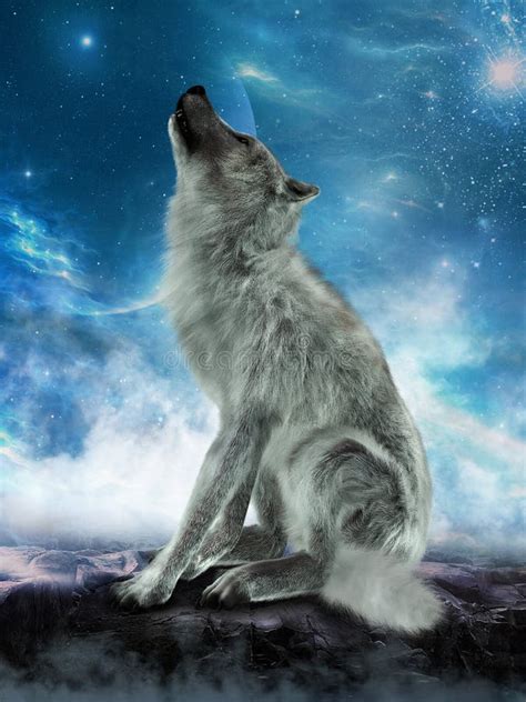 White Wolf Howling Moon Illustration Stock Photo - Image of wild ...