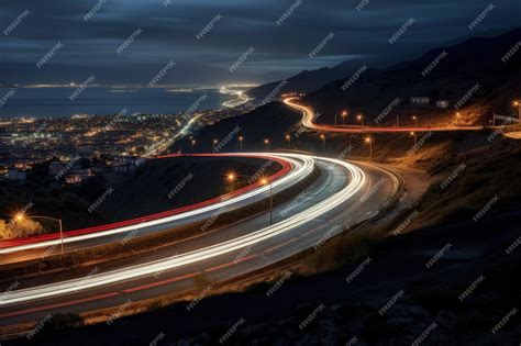 Premium AI Image | Long exposure image of cars light trails on a curved ...