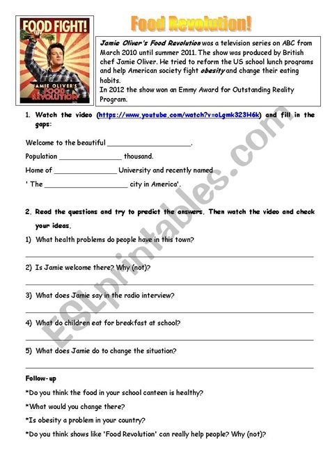 Food Revolution with Jamie Oliver - ESL worksheet by paloma06