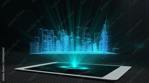 City projection futuristic holographic display phone tablet hologram ...