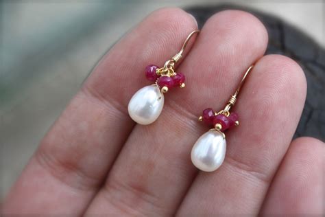 Pearl and Ruby Earrings, July Birthstone, Small Ruby Earrings, Dainty Pearl Earrings, Birthday ...