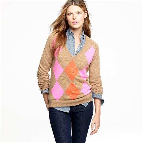 J.crew Cashmere Clash Argyle Sweater in Natural | Lyst