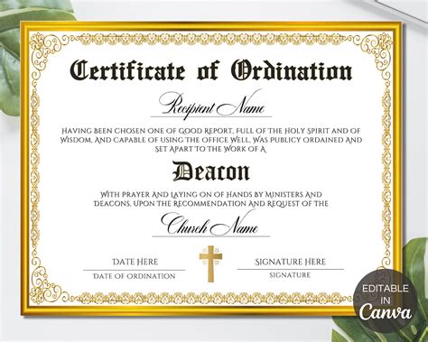 Deacon Ordination Certificate Template, Printable Certificate of Ordination, Editable Ministry ...