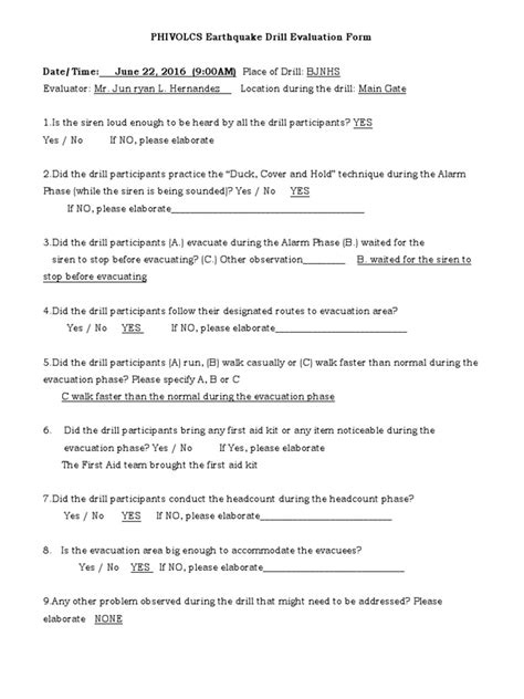 PHIVOLCS Earthquake Drill Evaluation Form | PDF