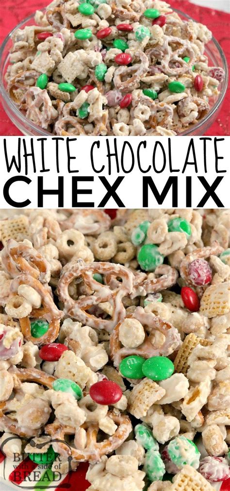 White Chocolate Chex Mix is made with cereal, pretzels, peanuts and M&Ms all coated in white ...