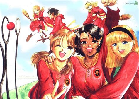 Gryffindor Quidditch Team chasers Katie Bell, Angelina Johnson and Alicia Spinnet. Illustrated ...