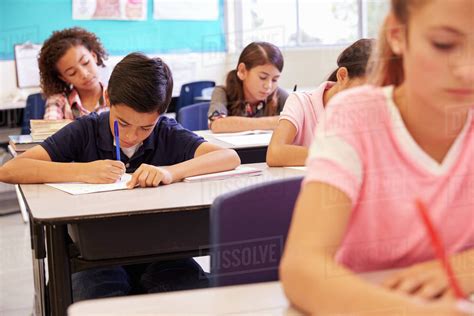 Elementary school kids working at their desks in a classroom - Stock Photo - Dissolve