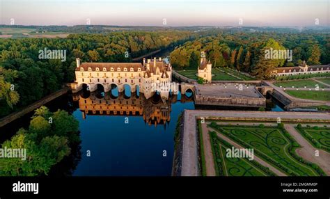 Chenonceau castle with the river Le Cher passing below - aerial view ...