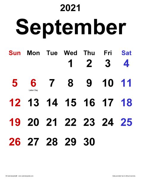 September 2021 Calendar | Templates for Word, Excel and PDF