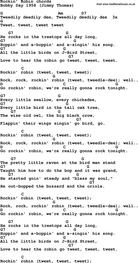 Song lyrics with guitar chords for Rockin Robin