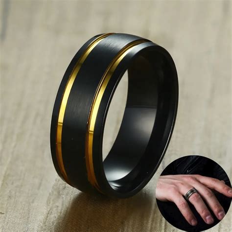 Men Brushed Black Wedding Band Gold Tone Double Grooved Ring 8mm Stainless Steel Engagement ...