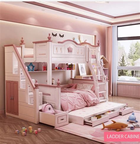 Children Bed Modern Pink Princess Bed Kids Bunk Beds Double Girls Bedroom Furniture Wooden ...