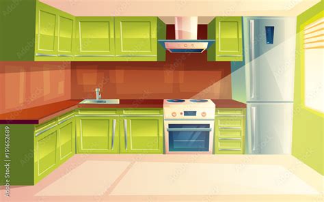 Vector modern kitchen interior background template. Cartoon dinner room illustration with ...
