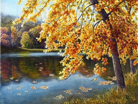 Autumn Lake Landscape Watercolor Painting Print by Cathy Hillegas, 12x16, October Reflections ...