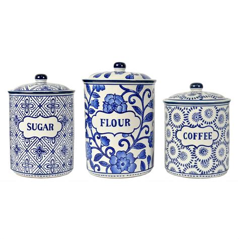 Set of 3 Blue and White Floral Designed Canister 11" - Walmart.com ...