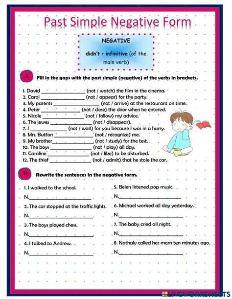 the past simple negative form worksheet is shown in pink and blue with dots